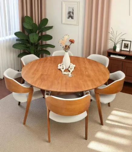 Mesa de Jantar Redonda tampo laminado de madeira c/6 cadeiras poltronas 