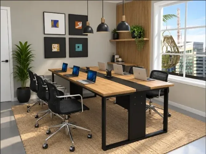 Mesa de Reunião Trapeze Delluxe Cx de Tomadas. L245cm x L110cm x A74cm. Via WhatsApp