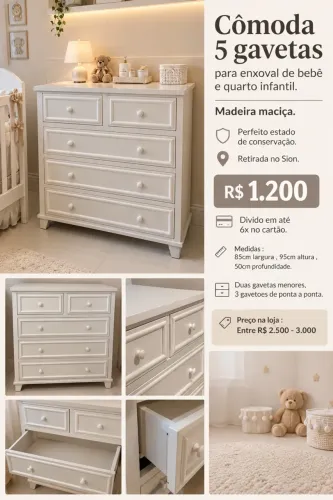 Cômoda Infantil Madeira Maciça 5 gavetas