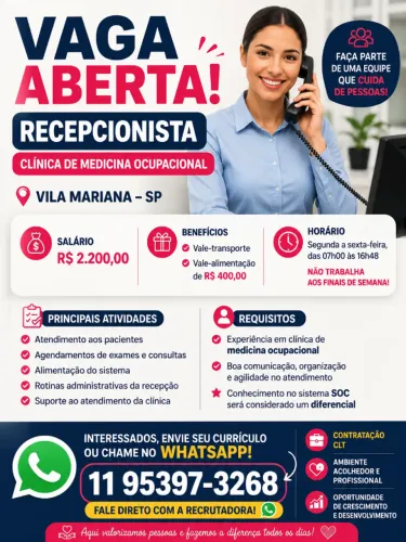 Recepcionista com experiencia em clinicas de medicina ocupacional