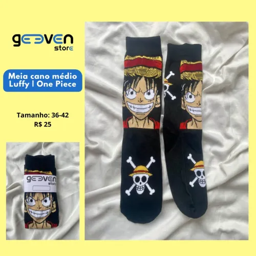 Meia Cano Médio Luffy One Piece - Preta com Caveira (Nova)