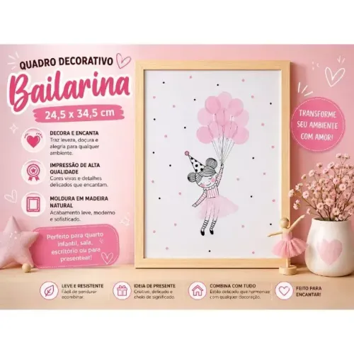 Quadro Decorativo Bailarina 24,5x34,5cm Infantil Rosa