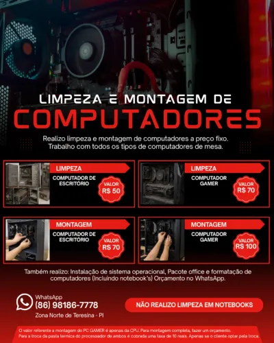Limpeza e Montagem de Computadores | Formatação e Instalação de Windows | Teresina - PI
