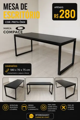 Mesa de escritório ônix na cor preta 180x70x75