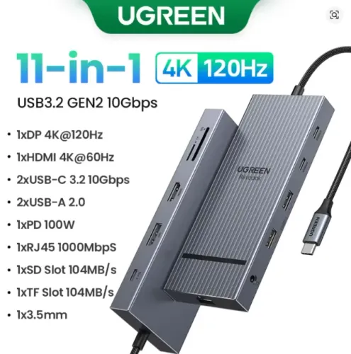 Hub UGREEN 11 em 1: USB-C para 4K 120Hz, DP, HDMI, USB 3.2 10Gbps, 3,5 mm, PD100W - Aceit