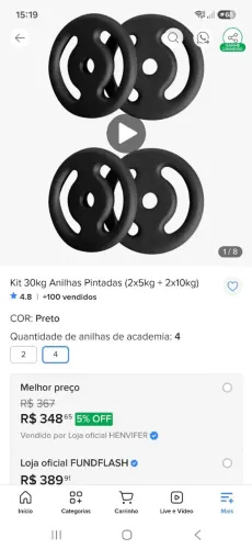 Anilhas musculação: 30 Kg (2 de 10 kg e 2 de 5 Kg)