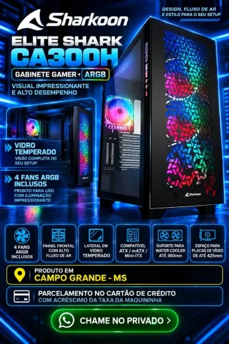 Gabinete Gamer Sharkoon ELITE SHARK CA300H ARGB Vidro Temperado 4 Fans