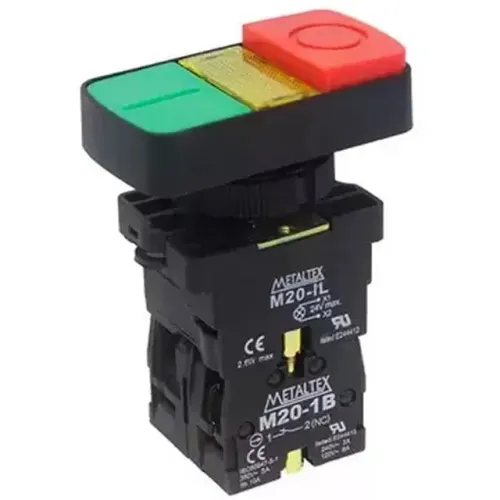 Botão Duplo Iluminado 22Mm Plástico Verde/Vermelho 220V 1Na+1Nf P20Idl-Y-1C Metaltex