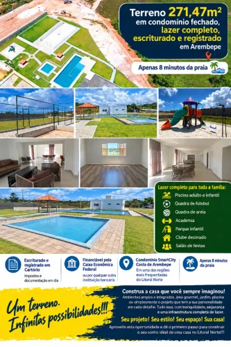 Terreno 271,47m² - Condomínio Fechado, Lazer Completo, Escriturado e Registrado - Arembepe
