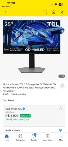 Monitor TCL Mini LED 300hz - NOVO!