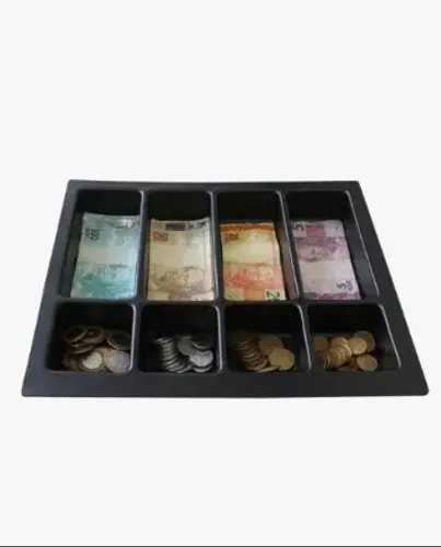 Bandeja Dinheiro Plástico Preto Retangular Porta Cédulas Moedas