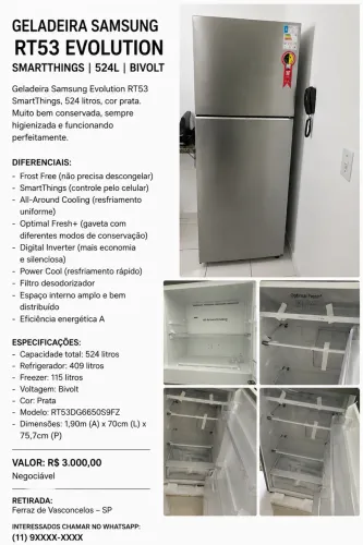 GELADEIRA SAMSUNG RT53 EVOLUTION SMARTTHINGS 524L ? BIVOLT