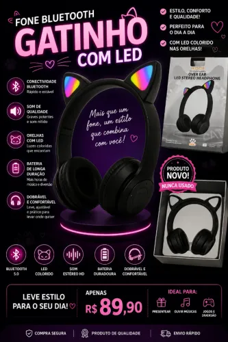  Fone Bluetooth Gatinho com Led