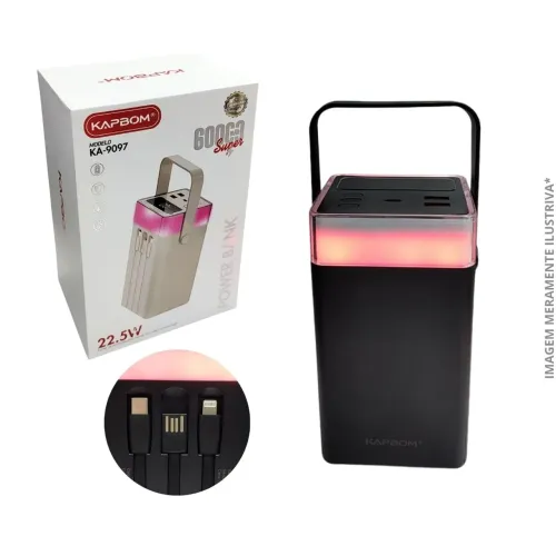 Power Bank Carregador Portátil 60000mAh 22.5W com Cabos Embutidos KAPBOM KA-9097