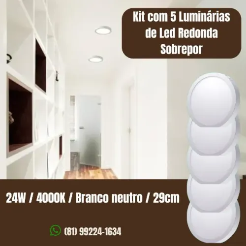  Luminárias de Teto LED Redonda Kit 5 - 24W 4000K Branco Neutro