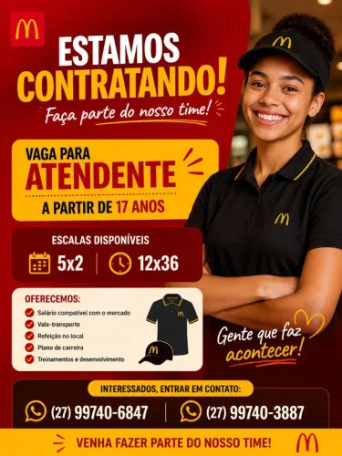 VAGA DE EMPREGO ATENDENTE NO MCDONALD'S SHOPPING PÁTIO MIX DE LINHARES - ES