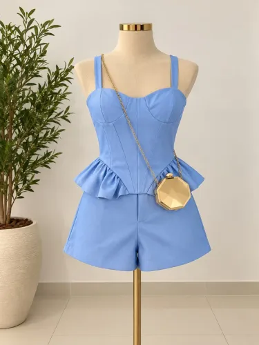 Conjunto Feminino Corset e Short Off-White e Azul | Luméa