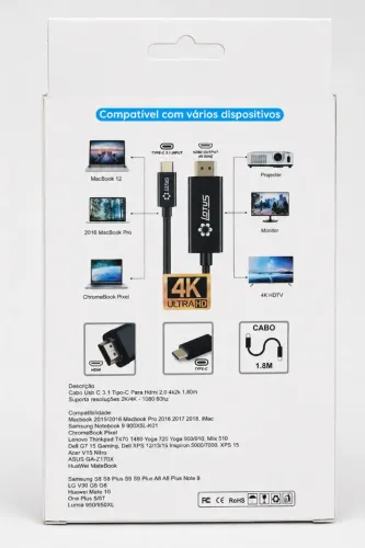Cabo USB-C para HDMI 2.0 4K Espelha Celular na TV