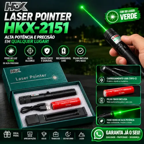 Laser Pointer Verde HKX-2151 - Recarregável + Pilha Inclusa