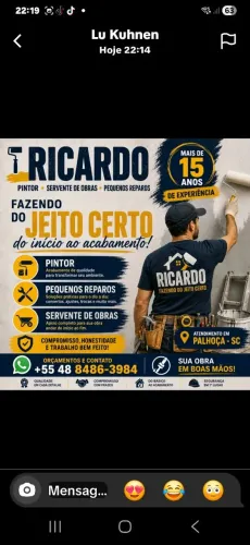 Faço serviço de pintura e pequenos reparos ou ajudante de pedreiro 