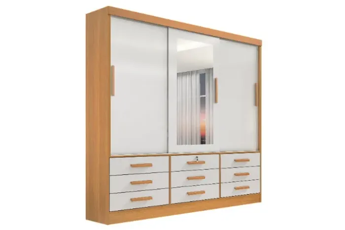 Guarda Roupa Meridian 3 Portas 9 Gavetas D'Doro Cinamomo/Off White - Entrega Rápida!