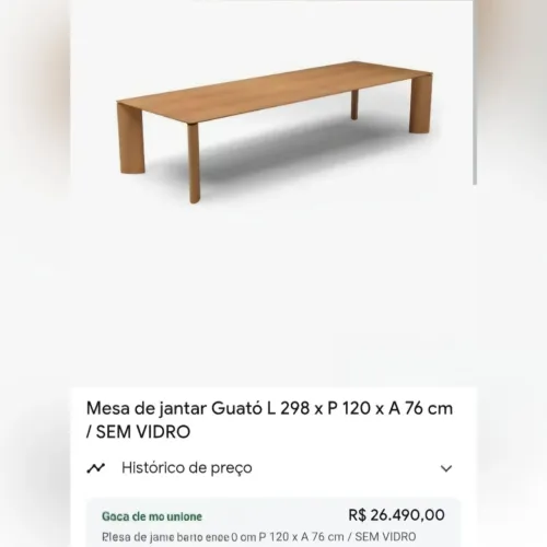 Mesa guató<br>Acabamento lâmina natural <br>Cor carvalho natural <br>2,98 x 1,20