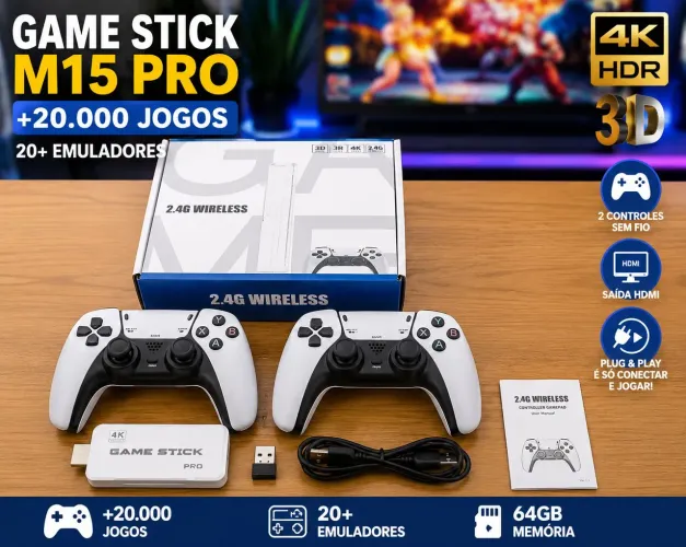 Game Stick M15 Pro 4K 64GB +20 Mil Jogos Retrô | 2 Controles Sem Fio | HDMI Plug & Play