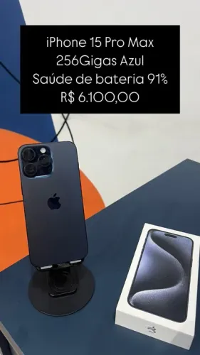 iPhone 15 Pro Max 256GB Azul Saúde de bateria 91% R$ 6.100,00 Semi Novo | Loja Física |