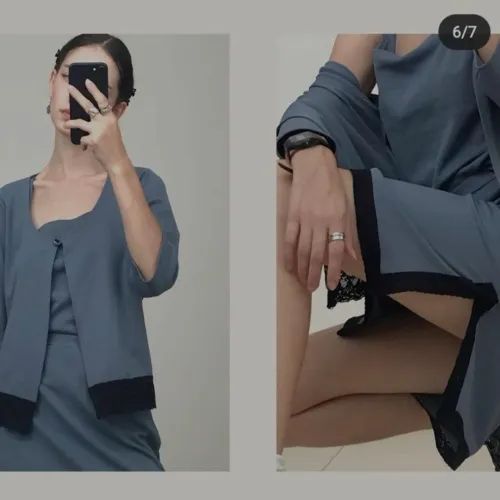 Conjunto kit Azul com detalhes renda saia, casaco e regata