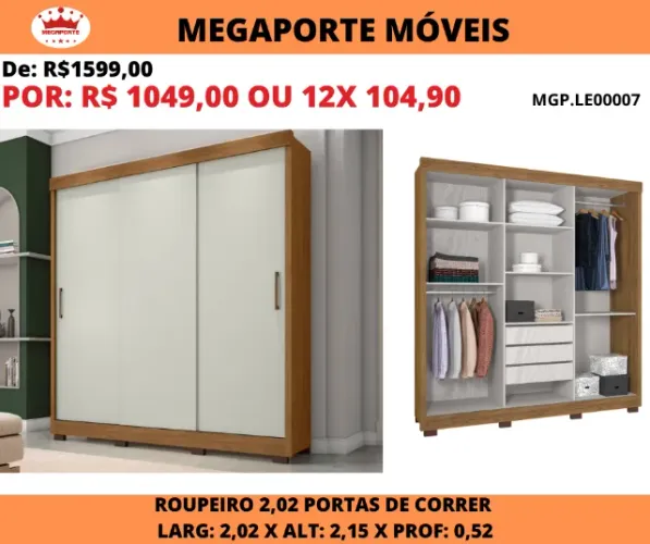 Guarda Roupa Casal 2,02 Portas de Correr