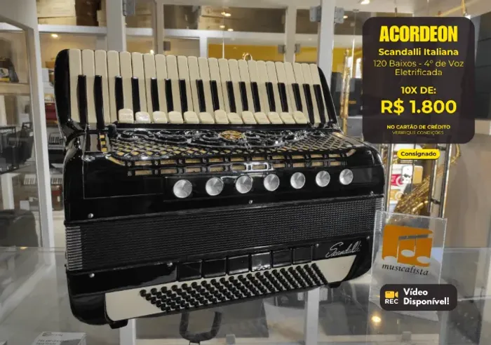 Acordeon 120 Baixos Scandalli 4° de voz - Eletrificada C/1 controle de Volume