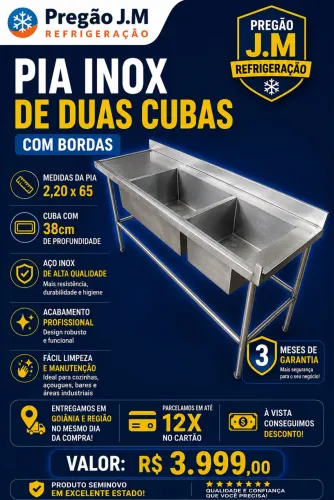 PIA INOX DUAS CUBAS COM BORDAS 2,20 por 65 Cuba profundidade de 38