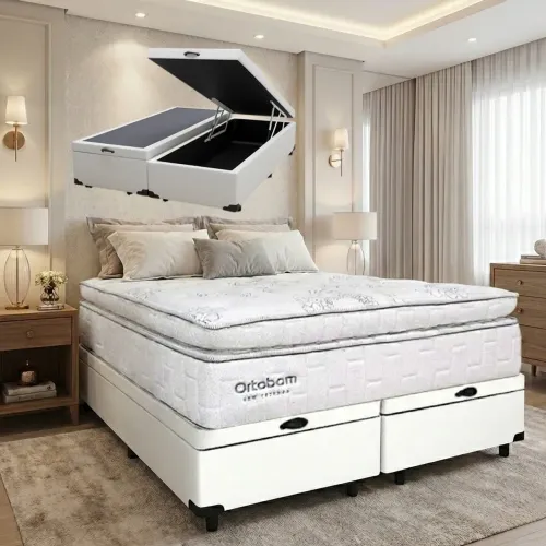 Colchão Queen New Freedom 32 cm D33 Molas Ensacadas Ortobom+ Base Baú Corino