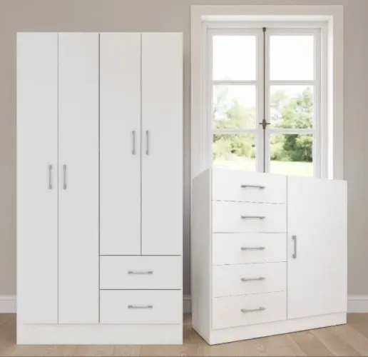 Conjunto Quarto Essencial Guarda-Roupa 4 Portas e Cômoda 5 Gavetas