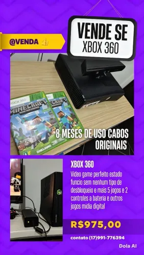 Vendo Xbox 360 slim sem desbloqueio 2controles e cabos 5 jogos e 3 jogos digitais no Xbox 