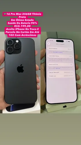 iPhone 16 Pro Max 256GB Titânio Preto - Saúde Da Bateria 95% (Usado)