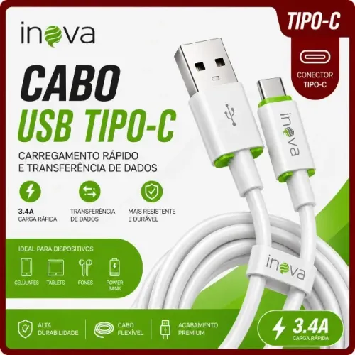 Cabo Tipo C de Carregador USB de 1 metro - Branco Inova