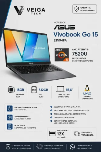 Notebook ASUS Vivobook Go 15 Ryzen 5 16GB RAM 512GB SSD