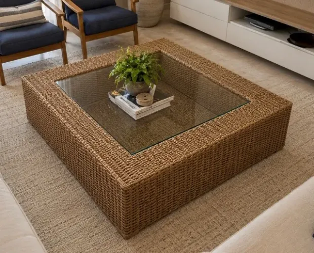 Mesa de centro grande em fibra sintética Linda com vidro bisotê 10mm
