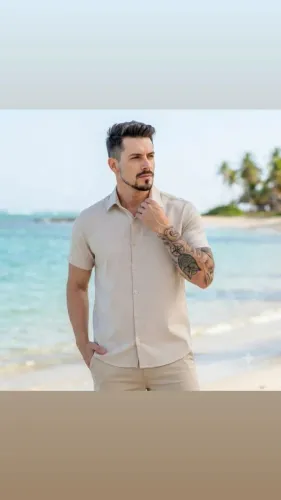 Camisa manga curta Bege Linho