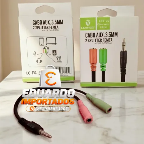 Cabo Adaptador Y 2 P2 fêmea x P3 macho para Microfone, Fones, Headset PC, Notebook