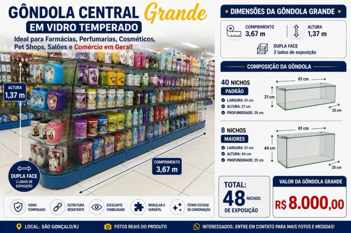 Estrutura completa de vidros e prateleiras para Farmacias e comércios em geral. 