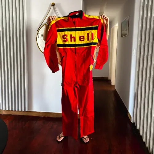 Macacão Shell Vermelho e Amarelo Kart Automobilismo Estilo Racing Vintage Original 
