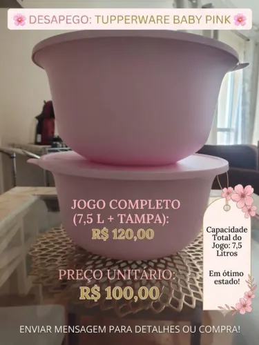 Jogo Tupperware Baby Pink - 7,5 Litros - Ótimo Estado