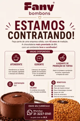 Vagas Imediatas | Atendente, Gerente e Auxiliar de produção de tortas
