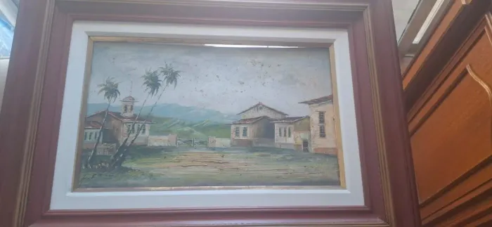 Quadro Óleo Sobre Tela Paisagem Colonial Vintage 50x30cm - Pronto Para Decorar