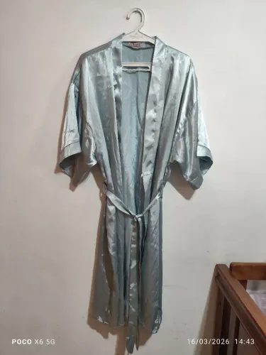 Robe roupão de cetim azul feminino 