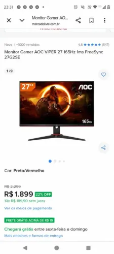 Monitor Gamer 27 polegadas 165hz vendo ou troco