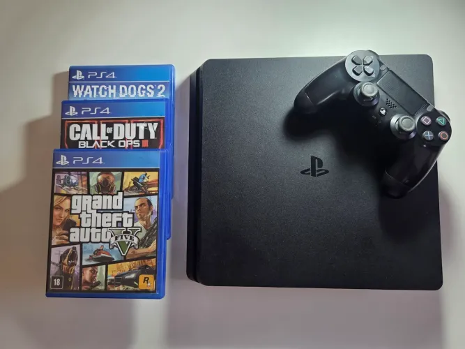 PS4 Slim 500GB Original + NF + 3 Jogos Físicos + Controle Original + 19 jogos Digitais