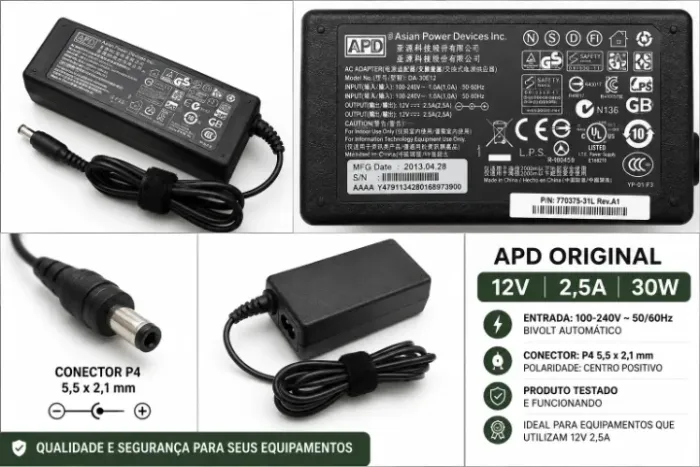 Fonte APD 12V 2,5A 30W P4 5,5x2,1mm 770375-31L